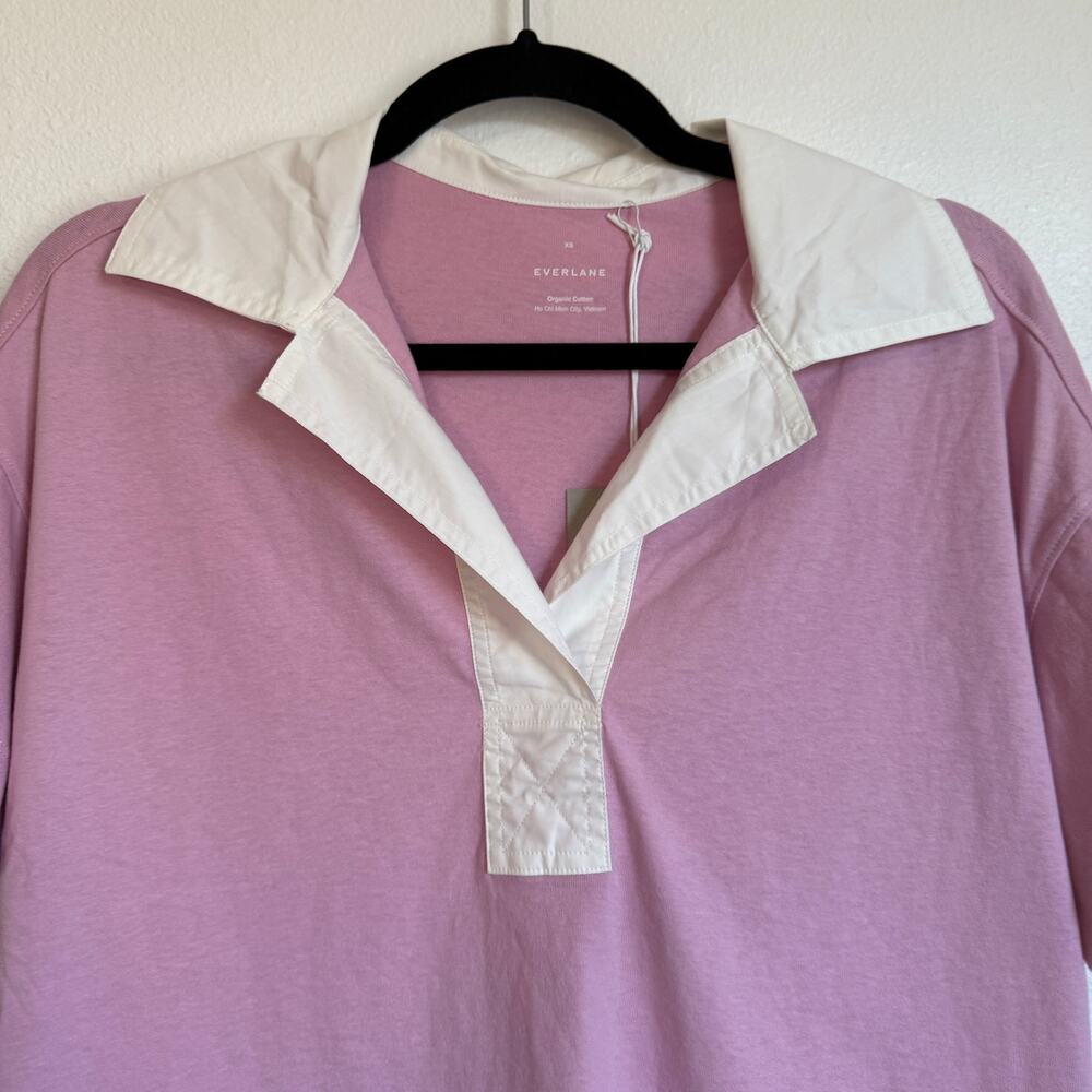 NWT Everlane The Oversized Rugby Polo Shirt Pink Purple Organic Cotton XS - Picture 4 of 11